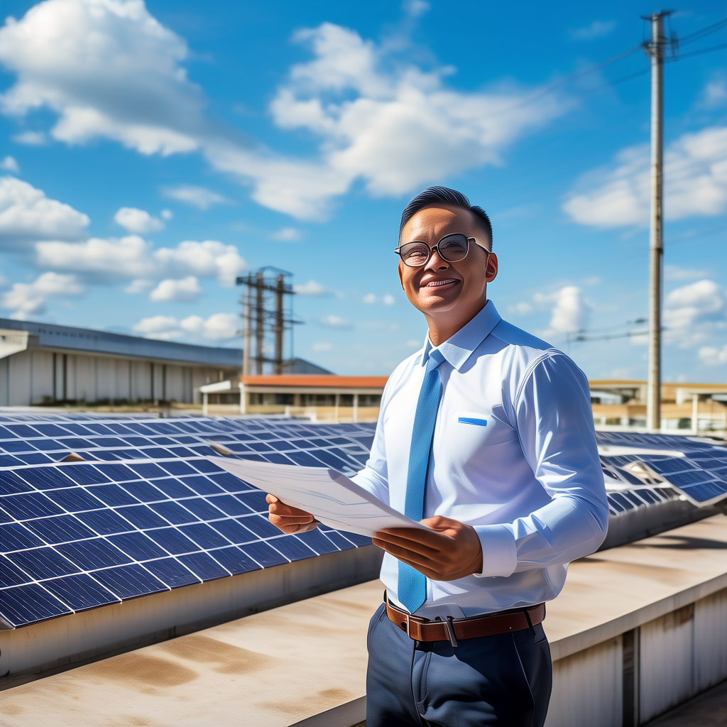 Thai factory owner examining electricity bill on rooftop solar installation